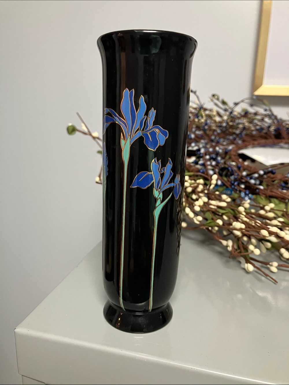 Otagiri Black Glass Vase with Blue Iris Motif